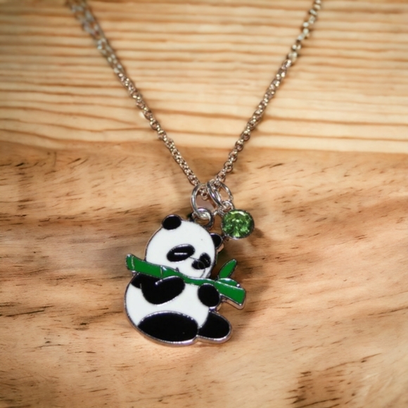 Hungry Panda with Colored Rhinestone Silver Dainty Necklace - Picture 1 of 6